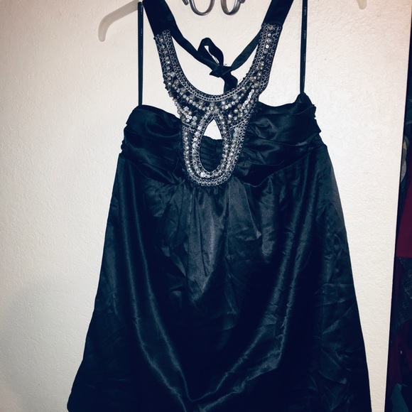 Little Black Silky Sexy Dress with Rhinestones - Picture 1 of 8